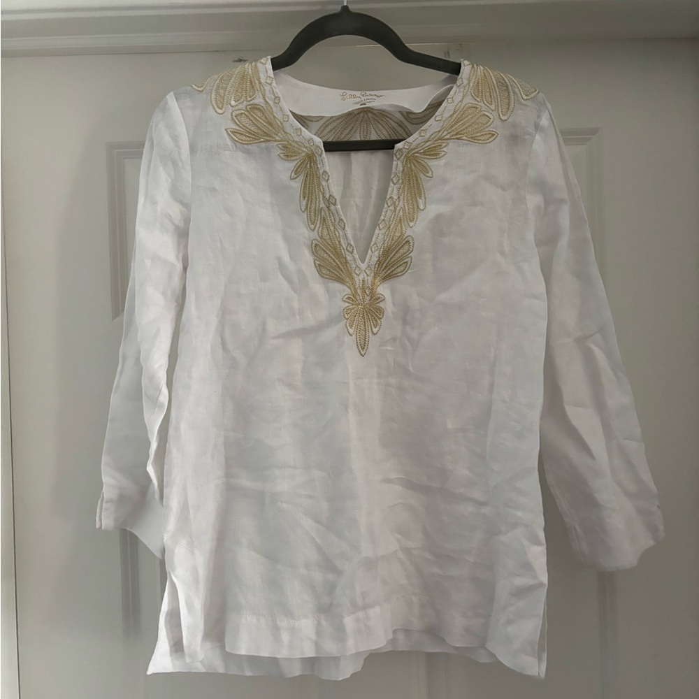 Lilly Pulitzer White Linen Amelia Tunic Top Blouse- Sise Small 🤍💛